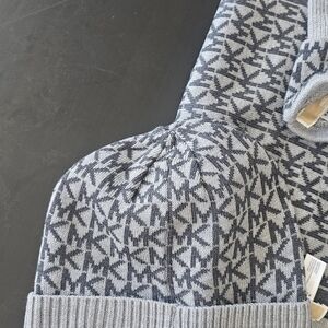 Michael Kors Gray Monogram Scarf and Beanie Set